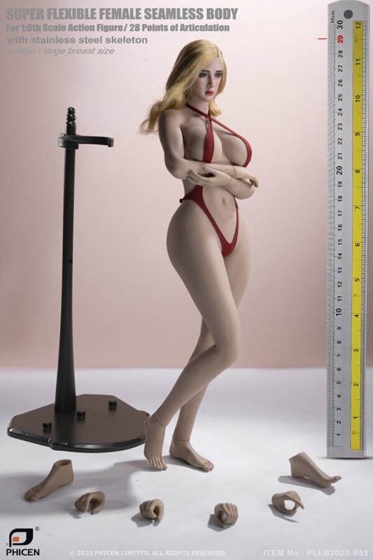 JIAOUDOLL 1/6 Scale Seamless Body – Large Bust SunTan – Removable Feet – Like Phicen S12D